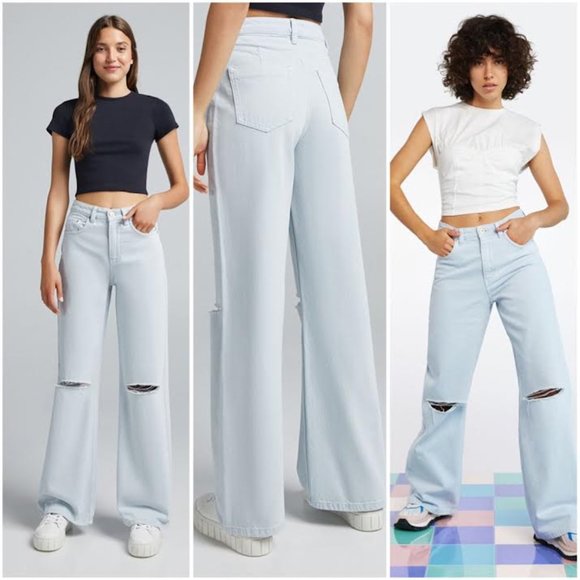 NWT BERSHKA Women Wide Leg Light Blue Jeans w Rips Waist 24" - Picture 7 of 12